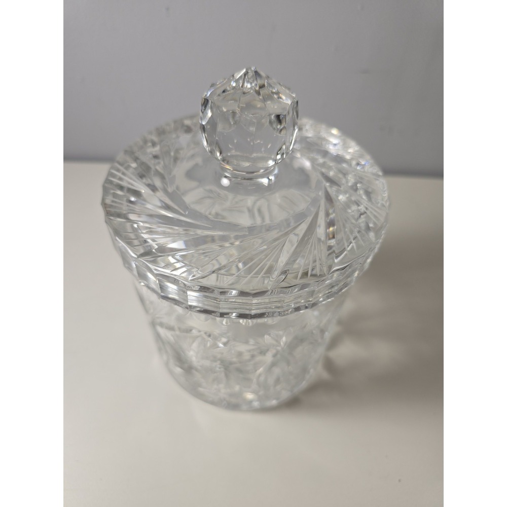 Lead Crystal Hand Cut Glass Biscuit Barrel Candy Jar with Lid 8" Poland